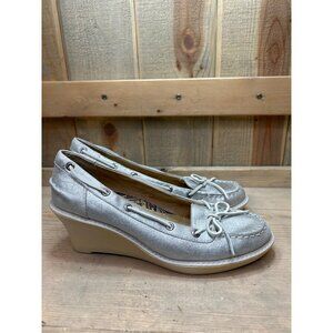 Sperry Womens Metallic Silver Leather Wedge Loafers Size 7.5M